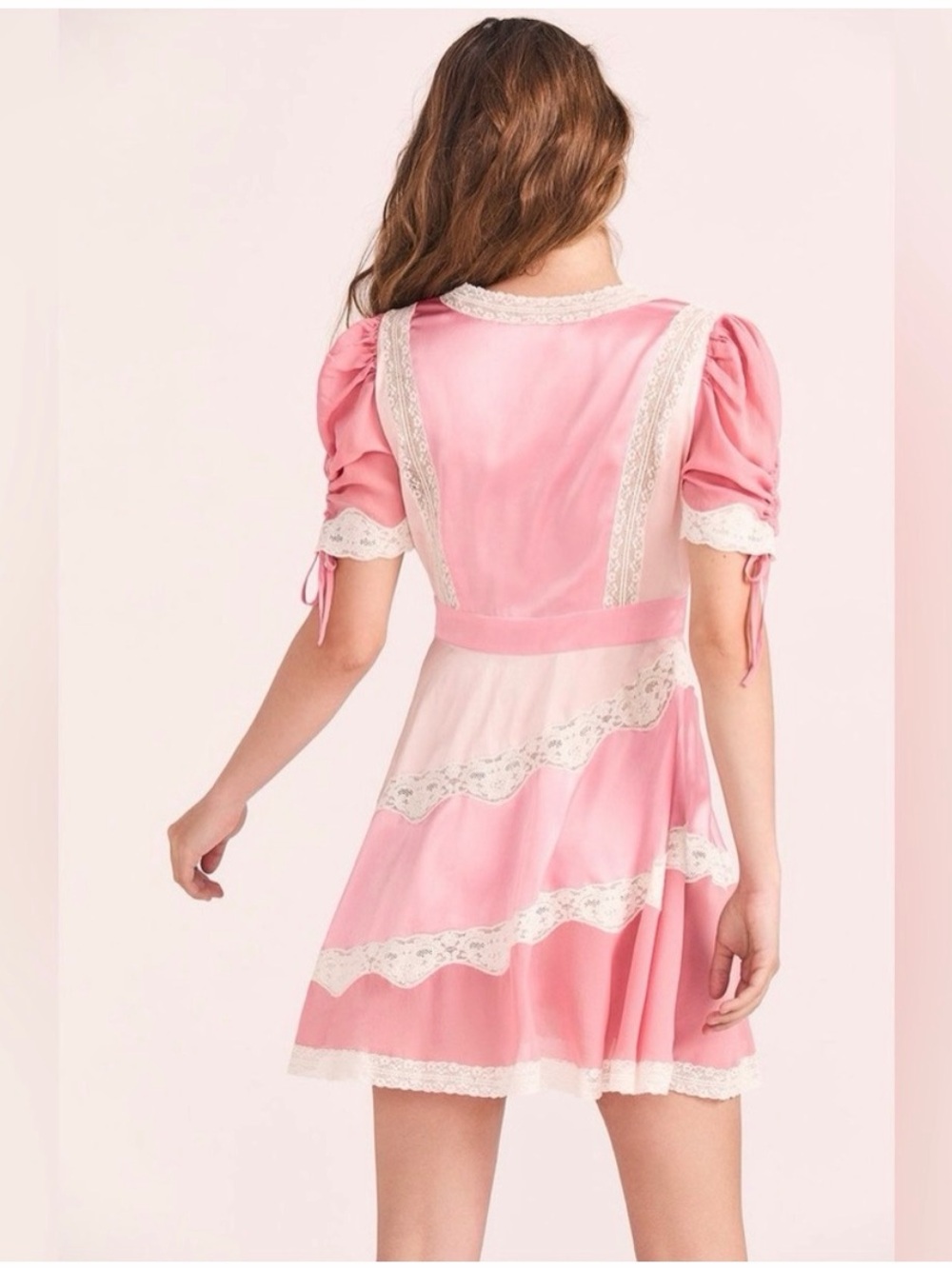 LoveShackFancy Pink Satin Lace-Trim Mini Dress - Picture 2 of 3